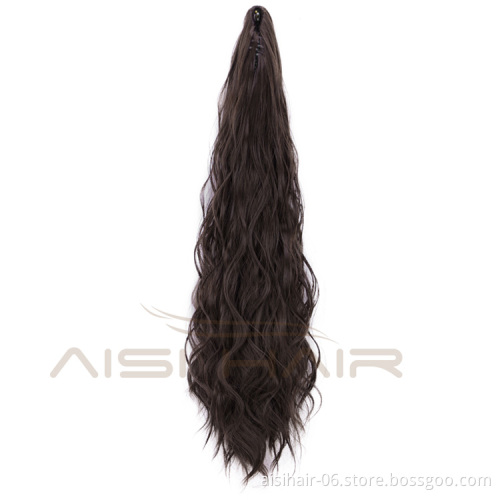 Aisi Hair Heat Resistant Fiber Long Wavy Dark Brown Claw On Ponytail Hair Extensions Claw Pony Tail Synthetic Hairpiece